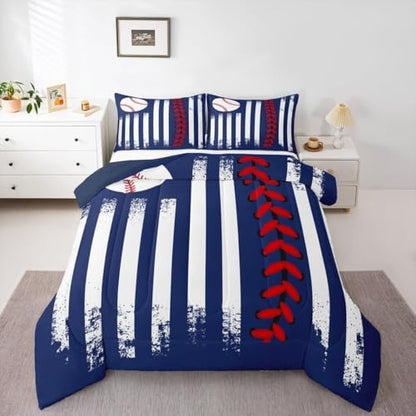 Castle Fairy Boys Baseball Comforter Set Full Size,Navy Blue Red Duvet Set for Kids Teens Men Women Bedroom Decor,Ball Sports Softball Games Microfiber Soft Bedding 3Pcs for Baseball Lover