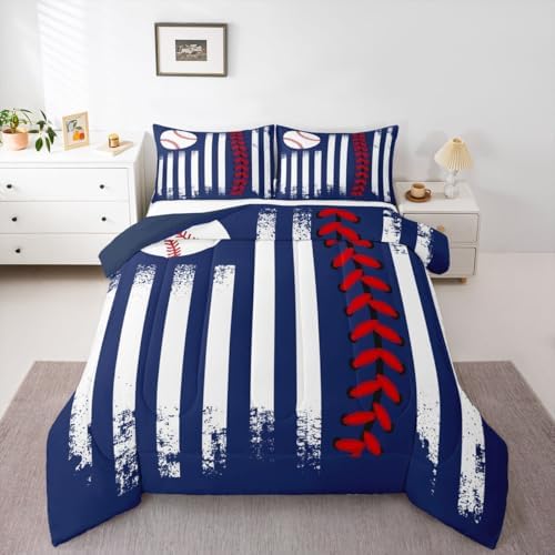 Castle Fairy Teens Baseball Bed Comforter Set,Navy Blue Red Super Soft Microfiber Bedding for Adults Boys Girls Bedroom Decor,Ball Sports Games Softball Queen Size Kids Comforter Set,2 Pillowcases