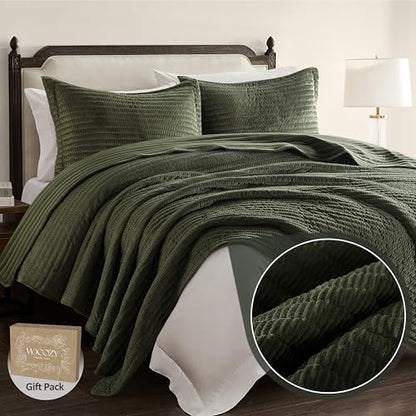 WDCOZY Velvet King Size Quilt Set - Olive Green Striped Soft Lightweight Bedspread, Dark Green Neutral Ribbed Farmhouse Country Rustic Coverlet, Modern Bedding Warm Thin Comforter, 3 Pieces