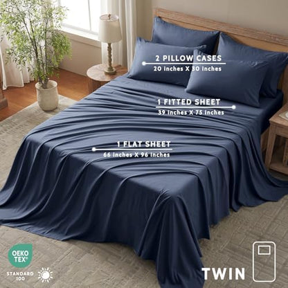 Twin Sheets Set - 4 Piece Soft Microfiber and Wrinkle Free Sheets - Easy Care, Extra Soft, Cooling Sheets - 1 Deep Pocket Fitted Sheet 1 Flat Sheet and 2 Pillowcases (Twin Navy Blue)