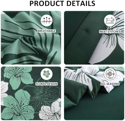 Emerald Green Comforter Set Queen Size, 7 Pieces Floral Bed in a Bag