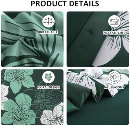 Emerald Green Comforter Set Queen Size, 7 Pieces Floral Bed in a Bag