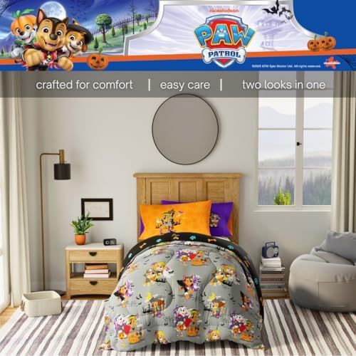 Paw Patrol Kids Halloween Bedding 5 Piece Super Soft Cozy Reversible Comforter and Sheet Set with Sham, Twin, (Officially Licensed Product) By Franco