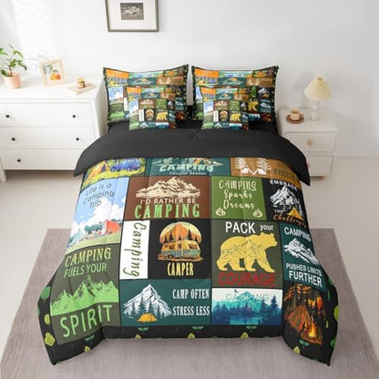 Erosebridal 7 Piece Camping King Comforter Set for Camper,RV Bunk Bedding Sets with Sheets for Kids Adults,Mountain Forest Bear Bed Set Travel Trailer Decor Patchwork Quilt with Fitted+Flat Sheet