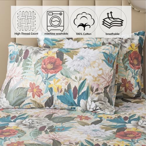 FADFAY Twin Sheet Set, 100% Cotton Sateen Soft Breathable, Luxury Vintage Floral Bed Sheets, Elegant Large Peony & Botanical Print, Classic Garden Style Bedding, Deep Pocket Fitted Sheet, 4 Pieces