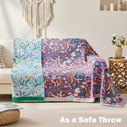 VANJOROY King Boho Throw Blanket, 100% Organic Cotton Breathable Skin-Friendly Ultra Soft 91" x 98" Bed Quilt Blue Throw - Floral Rustic Luxury Reversible Blanket for Sofa Couch Chair and Gift