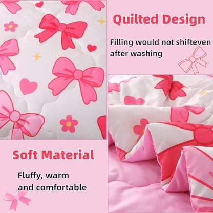 7 Piece Pink Bow Bedding Set for Girls Kids Full Size Bowknot Comforter Set Super Soft Cute Bed in a Bag Microfiber Lightweight Bed Set for Teens Room Decor