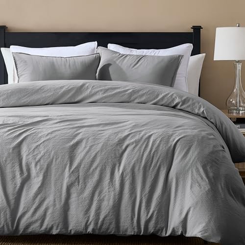 WDCOZY Grey Queen Size Jacquard Duvet Cover Set with Zipper Closure, Modern Washed Soft Striped Bedding, Textured Seersucker Like Cotton Linen, 1 Duvet Cover and 2 Pillow Shams, No Comforter