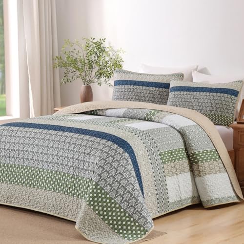 WONGS BEDDING King Quilt Set Khaki Green, 3 Pieces Striped Bedspread