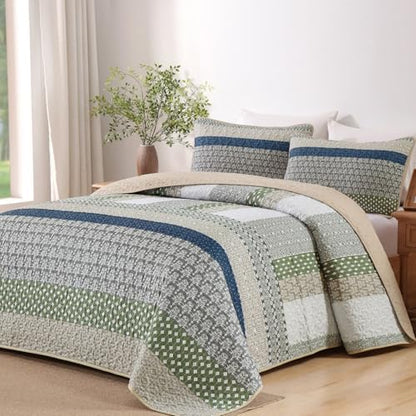 WONGS BEDDING King Quilt Set Khaki Green, 3 Pieces Striped Bedspread