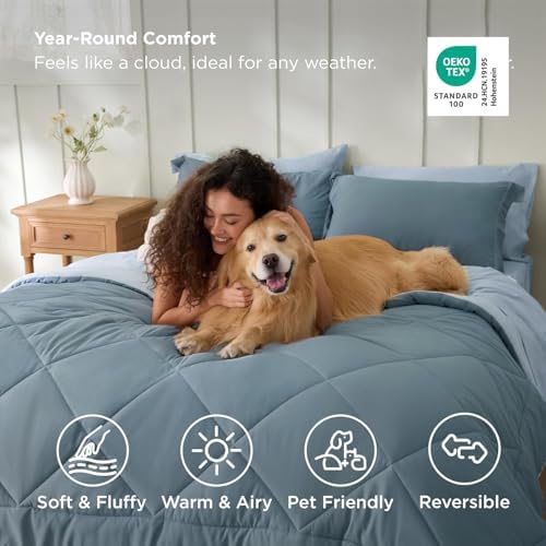 Bedsure Twin Comforter Set Reversible Bed Set 5 Pcs Grayish Blue/Baby Blue