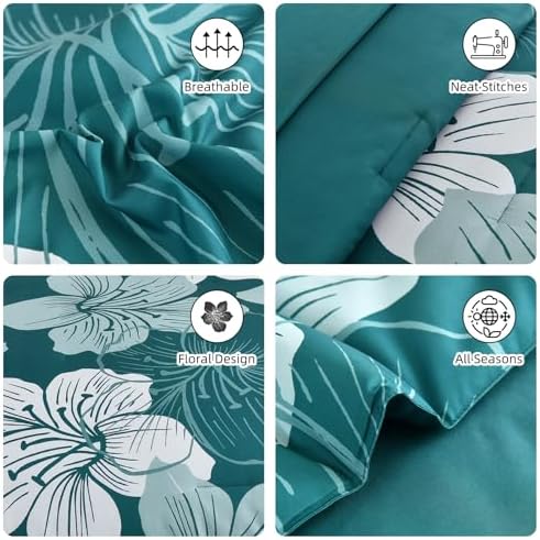 Luxudecor Teal Comforter Set Queen, 7 Pieces Floral Bed in a Bag
