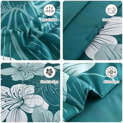Luxudecor Teal King Size Comforter Set, 7 Pieces Floral Bed in a Bag