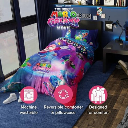 The Super Mario Galaxy Movie Bedding Set, Twin Size 4 Piece Kids Super Soft Cozy Reversible Comforter and Sheet Set, (Officially Licensed Product) By Franco