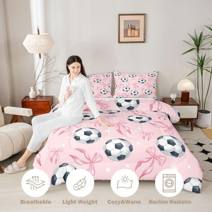 Coquette Soccer Bedding Sets Full Size,Pink Ribbon Bowknot Comforter Set 3Pcs for Kids Girls Boys Youth Room Decor,Cute Stars Pattern Quilted Duvet Sports Bow Game Down Comforter,2 Pillowcases