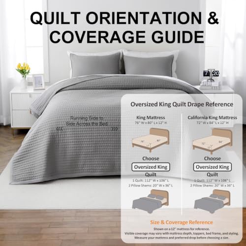 Oversized King Quilt Set 112 x 106 in, Lightweight, Grey