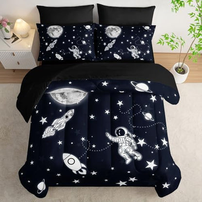 7pcs Space Comforter Set3D Space Rocket Planets Printed Bedding Set with 1 Comforter, 1 Flat Sheet, 1 Fitted Sheet and 4 Pillowcases for Boys and Girls Bedroom (Rocket Full