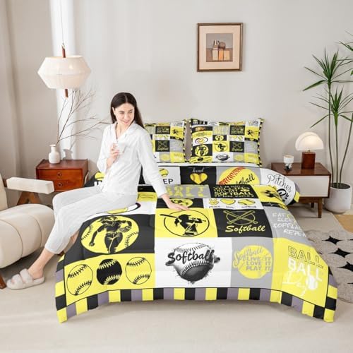 Castle Fairy Softball Plaid King Size Comforter Set Kids Sports Theme Decor All Season Bedding Set for Girls Teens Yellow Black Gray Comforter Sports Softball Decor Quilt Set Bedroom Collection 3Pcs