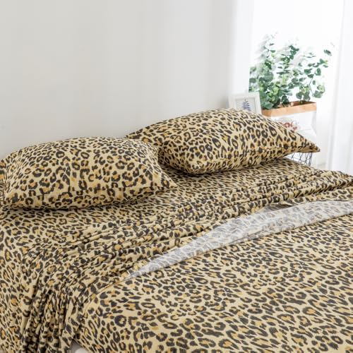 DAUAOTO Full Size Printed Sheets Set, 100% Cotton Bedding Sets, Up to 14" Deep Mattress, Modern Pattern Bedlinen Set, Leopard Yellow
