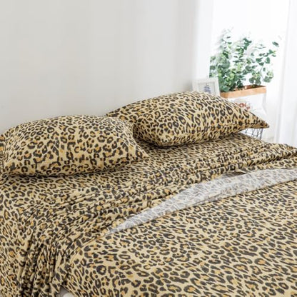 DAUAOTO Full Size Printed Sheets Set, 100% Cotton Bedding Sets, Up to 14" Deep Mattress, Modern Pattern Bedlinen Set, Leopard Yellow