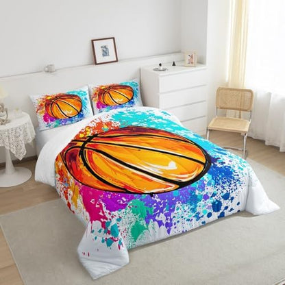 Castle Fairy Boys Basketball Comforter Set Queen Size Watercolor Tie-dye Bedding Set for Kids Boys Bedroom Decoration Sports Basketball Bed Duvet Insert Hippie Comforter with 2 Pillowcase