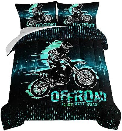 HOSIMA Extreme Sport Theme Comforter Motorcycle King Size Bed in a Bag for Boys Kids Teens,Dirt Bike Tournment Kids Game Room Decor,Motocross Rider Black Comforter with 2 Pillowcases.
