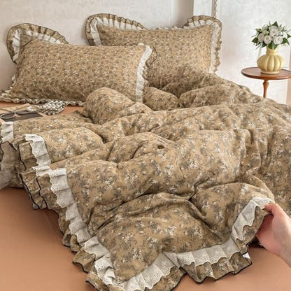 VM VOUGEMARKET Floral Duvet Cover Set Twin for Teen Girls,Shabby Chic Muted Flower Duvet Cover with 2 Pillow Shams,Double-Layer Gauze Cotton Bedding Set,Comfy,Breathable-Tan 68"x86"