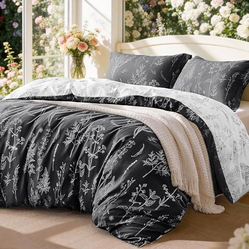 Love's cabin King Size Comforter Set Black - King Comforter Set, 3 Pieces Cute Floral Bedding Sets for All Seasons,1 Soft Reversible Botanical Flowers Comforter and 2 Pillow Shams