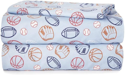 Heritage Kids 3-Piece Twin Bedding Set,Sports Print in Blue, Includes Top Cover, Fitted Sheet & Pillowcase,Soft & Cozy Kids Bed Set