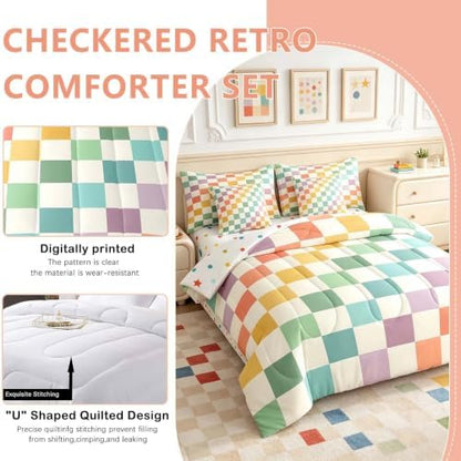 Feelyou Multicolored Checkered Retro 7 Piece Bedding Set Kids Boys Geometric Vintage Comforter Set with Sheets Queen Size Green Yellow Colorful Bed in a Bag Modern Simple Groovy Aesthetic Room Decor