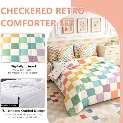 Feelyou Multicolored Checkered Retro 7 Piece Bedding Set Kids Boys Geometric Vintage Comforter Set with Sheets King Size Green Yellow Colorful Bed in a Bag Modern Simple Groovy Aesthetic Room Decor