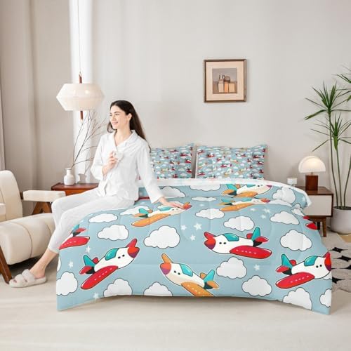 Erosebridal Cartoon Airplane Queen 7 Pcs Bedding Set for Kids, Cute Aircraft Comforter Set with Sheets for Boys Girls Child Teens Adults Bedroom, White Cloud Bed in A Bag, Star Print Bed Sets