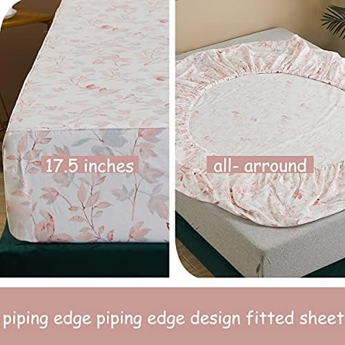 FADFAY Cotton Sheets Set Twin, Blush Pink Sheet Set Soft Girls Elegant Floral and Branches Leaves Printed Deep Pocket Fitted Sheet 4Pcs, Twin Size