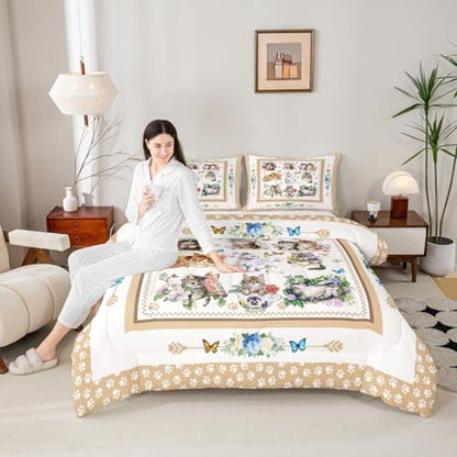 Cute Cats Kids Comforter Set Queen Size,Cartoon Animal Paws Print Toddler Bedding Set,Girls Boys Adults Room Decor,Butterfly Flowers Romantic Down Comforter,Bright Lovely Duvet Insert,2 Pillowcases