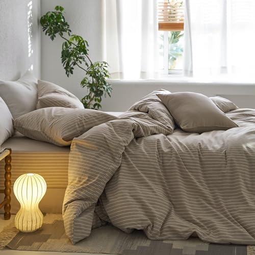 MooMee Striped Duvet Cover Set 100% Washed Cotton Linen Like Cal King