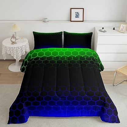 Feelyou Ombre Honeycomb Comforter Set Queen, Green Blue Ombre Hexagon Bedding Set Beehive Hexagon Comforter Kids Toddler Stereoscopic Duvet Set with 2 Pillow Case