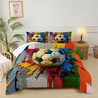 Full Size Boys Comforter Set Soccer，Full Size Kids Bedding Set Sports，with 1 Comforter with 2 Pillow Case