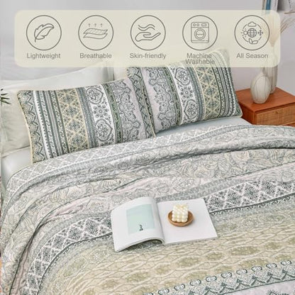 WONGS BEDDING Boho Quilt King Size,3 Pcs Beige Bedspread Bedding Set
