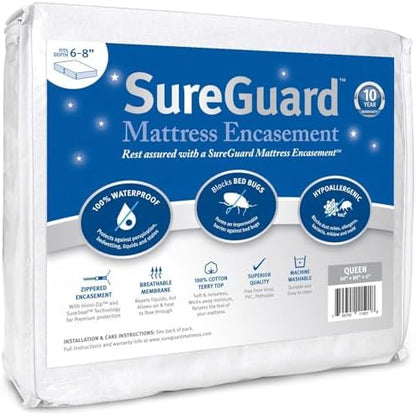 Queen (6-8 in. Deep) SureGuard Mattress Encasement - 100% Waterproof, Bed Bug Proof, Hypoallergenic - Premium Zippered Six-Sided Cover