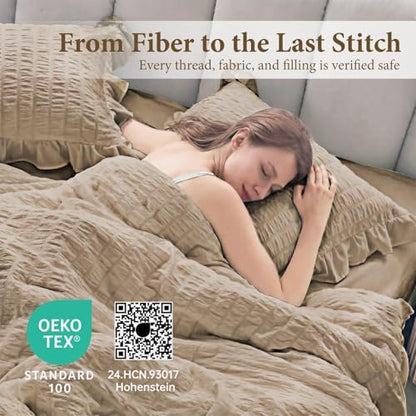 JOLLYVOGUE Khaki Twin/Twin XL Comforter Set, 2 Pieces Seersucker Lightweight Fluffy Bedding Set, Twin Ruffle Comforter, All Season Soft Microfiber Shabby Chic Bed Set
