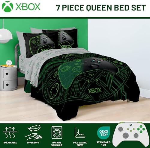 Jay Franco Kids Comforter Set Includes Sheets and Pillow Covers - Soft and Cozy Bed Set for Stylish Room Decor, Official Licensed Product, White - Xbox, 7 Piece Queen