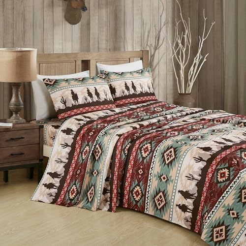 Chezmoi Collection 4-Piece Southwestern Cowboys Aztec Sheet Set California King - Multicolor Teal Brown Beige Tan Red Printed Brushed Microfiber Lightweight Breathable Deep Pocket Bed Sheets