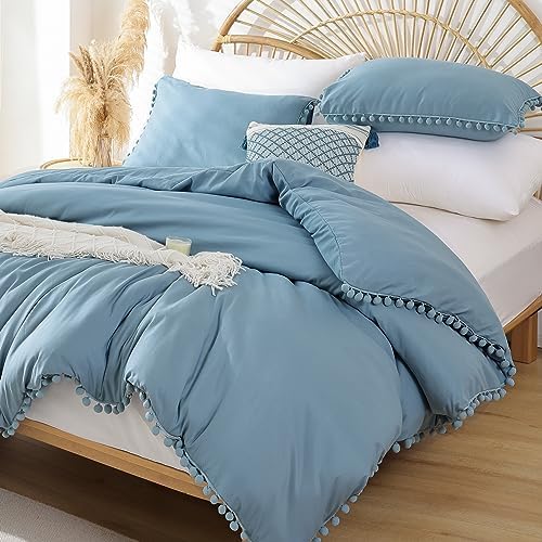 YIRDDEO Twin Comforter Set, Dusty Blue Ball Pom Fringe Bedding Set 2 Pieces