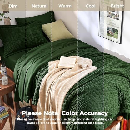 HYMOKEGE Dark Green Twin Comforter Set Seersucker 5 Pieces, All Season Luxury Bed in a Bag Queen for Bedroom, Bedding Set with Comforter, Sheets, Pillowcase & Sham