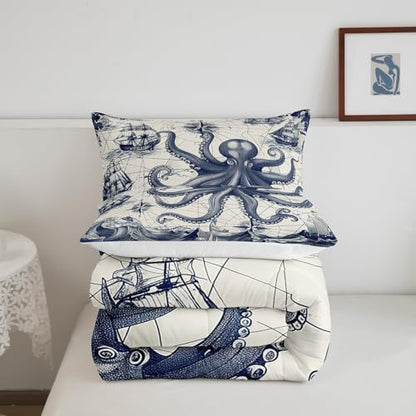 Homewish Octopus Comforter Set King Size,Nautical Ocean Map Bedding Set 3Pcs for Kids Girls Boys Teens Room Decor,Sea Animals Quilt Set Vintage Grey Blue Duvet Insert,2 Pillowcases