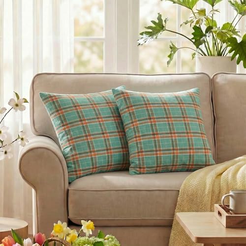 AVOIN colorlife Spring Summer Aqua Orange Plaid Decorative Throw Pillow Covers, 18 x 18 Inch Holiday Scottish Tartan Cushion Case Farmhouse Decoration for Sofa Couch Set of 2