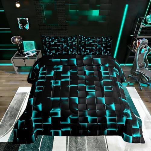 Erosebridal Neon Black Teal Boys Comforter Set King Geometric Checkered Turquoise Bedding Set for Kids Teen Men Gaming Room Decor,Abstract Ombre Plaid Comforter Grids Quilt Duvet