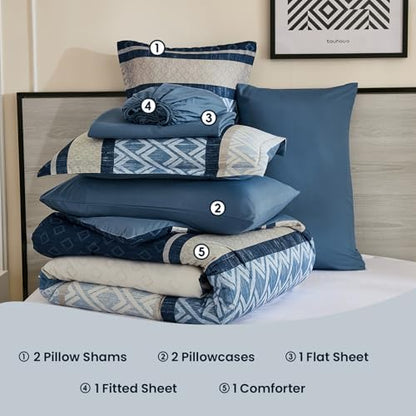 Cottolester California King Comforter Set,Blue Boho Striped Bed in a Bag