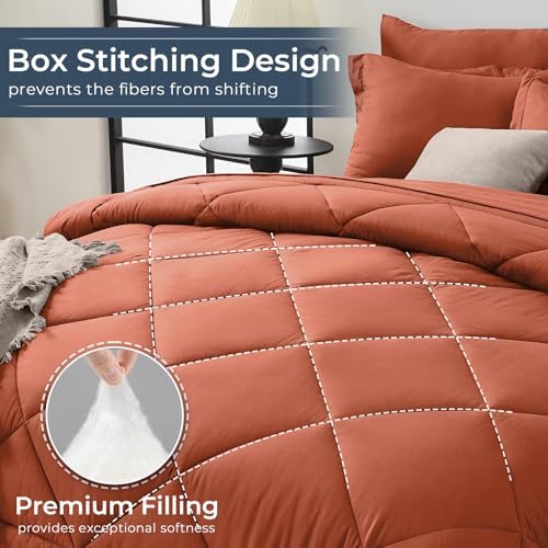 HEVUMYI 7-Piece California King Comforter Set, Burnt Orange Bed in a Bag