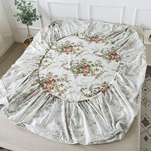 FADFAY Floral Sheet Set Full Cotton Vintage Rose Super Soft Garden Flower Bedding Hypoallergenic Girls Farmhouse Bedding White Deep Pocket Fitted Sheet 4-Pieces